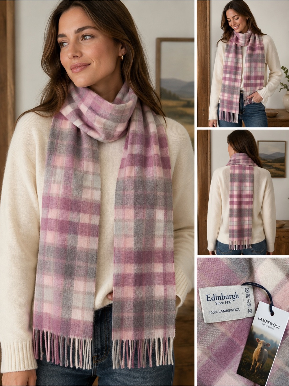 NWT Edinburgh 100% Lambswool Tartan Scarf Artillery Check Light Pink Scotland